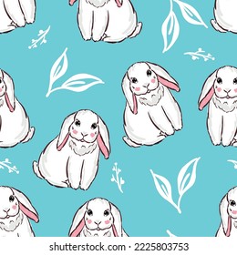 Seamless pattern with white rabbit bunny cartoons and flowers on blue background vector illustration. Cute childish print.