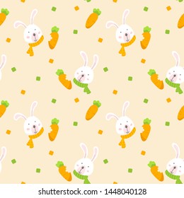 Seamless pattern with white rabbit and carrot. Cute cartoon bunny wallpaper background. Vector Illustration.