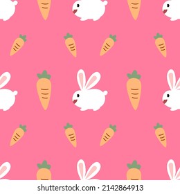 Seamless pattern of white rabbit with carrot on pink background.