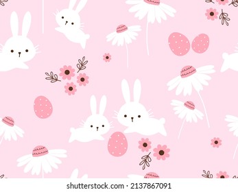 Seamless pattern with white rabbit cartoons and Easter eggs on pink daisy garden background vector illustration. Happy Easter day.