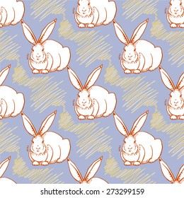 Seamless pattern with white rabbit on a blue background
