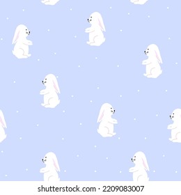 patrón sin fisuras con conejo blanco y nieve sobre fondo azul, tirita para papel de pared, diseño de cubierta, empaque, decoración de vacaciones, moda infantil, ilustración para bebés, símbolo 2023. 
