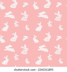seamless pattern with white rabbits bunny on pink background, easter background vector