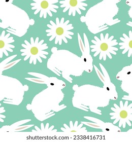 Seamless pattern with white rabbits and chamomile