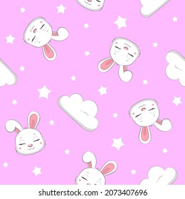 Seamless pattern with white rabbits, clouds and stars. Vector illustration of an animal on a pink background.