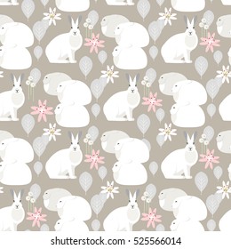 Seamless pattern with white rabbits. Cute bunny vector
