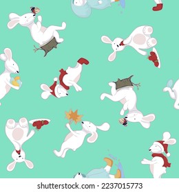 Seamless pattern with white rabbits in different situations and with different emotions. Color illustration sticker isolated on green background.