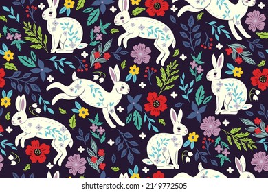 Seamless pattern with white rabbits and flowers. Vector graphics.