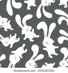 Seamless pattern with white rabbits. Funny bunny pets with heart nose. Baby hare isolated. Cartoon cute characters for child print background. Vector illustration of wallpaper or card Happy Easter. 