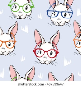 Seamless pattern of white rabbits with glasses with grass on grey background