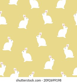 Patrón sin foco con conejos blancos aislados sobre fondo amarillo. Papel decorativo de la cocina de la granja de dibujos animados. Dibujo divertido arcos bebé fondo de pantalla repetidor ornamento, vector design eps 10