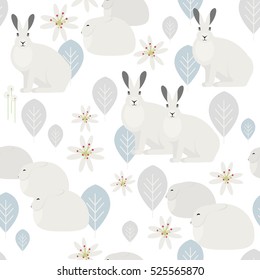 Seamless pattern with white rabbits, leaves and flowers. Cute bunny vector on white background isolated