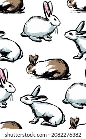 Patrón sin foco. Conejos blancos sobre un fondo blanco. Ilustración en el estilo de un boceto vintage casual a mano.