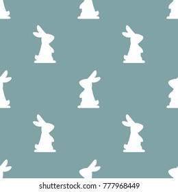 Seamless pattern with white rabbits on powder blue background. Decorative Easter holiday wallpaper, good for printing. Cute Vector ornament. Flat design