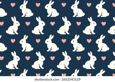Patrón sin fisuras Conejos blancos Corazones rosados Fondo azul oscuro
