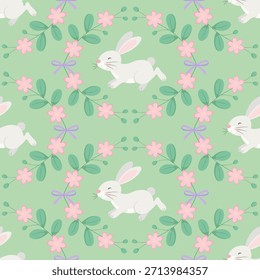 Patrón sin fisuras con conejos blancos y flores rosadas, hojas verdes, lazos violetas sobre un fondo verde claro. Fondo editable de Pascua de Vector.