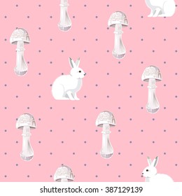 Seamless pattern with white rabbits and poisonous mushrooms. Vector.
