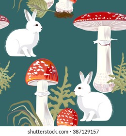 Seamless pattern with white rabbits and poisonous mushrooms. Vector.