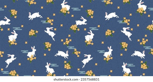Seamless pattern with white rabbits and sweet Osmanthus bloom on blue background vector illustration.