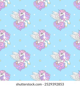 Seamless pattern with white rainbow unicorns on blue background. Magic and wizardry theme. For kids fabric design, wallpaper, backdrops, prints, posters, wrapping paper, etc. Vector illustration.