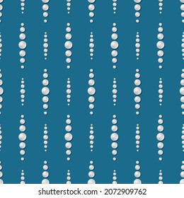 Seamless pattern with white realistic pearl beads on dark blue or turquoise background. 3D vector balls, elegant simple style. Vector illustration for jewelry design, fabric, wrapping, package print.