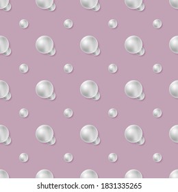 Seamless pattern with white realistic sea pearls on pink background. 3D shiny orbs and shadow. Vector illustration for jewel, beauty, wedding, natural design, fabric, wrapping, wallpaper print.