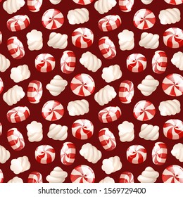 Seamless pattern with white red bonbons and vanilla twisted marshmallows in different views. Wallpaper or textile with food, sweets. Cartoon vector illustration with candy objects on dark background