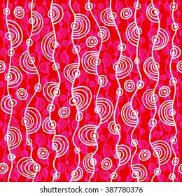 Seamless pattern, white and red graphics. Waves, circles and semicircles. Vector, hand drawn background.