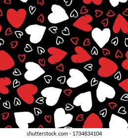 Seamless pattern with white and red hearts on black background. Vector design for textile, backgrounds, clothes, wrapping paper, web sites and wallpaper. Fashion illustration seamless pattern.