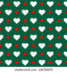 Seamless pattern. White and red hearts over green background. Vector Illustration