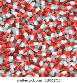 Seamless pattern with white and red medical capsules. Pharmacology vector illustration with pharmaceuticals. Medicine background for wrapping of pills or drugs. Pharmacy design.