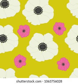 Seamless pattern of white and red poppies on a yellow background