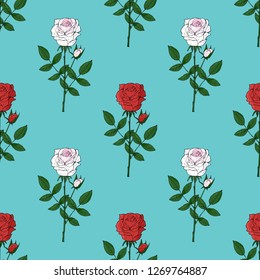 Seamless pattern of white and red roses on a blue background