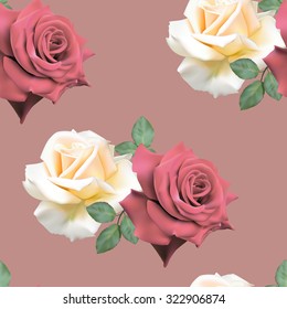 Seamless pattern with white and red roses on a pinkish brown  background.Vector illustration.