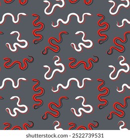 Seamless pattern with white and red snakes various shapes on grey background as wrapping paper or fabric design. Endless wallpaper or backdrop with different hand drawn reptiles for 2025 Year of Snake