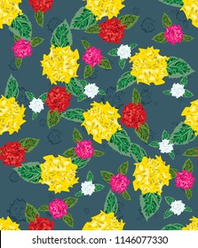 Seamless pattern with white, red, yellow, pink Hibiscus flowers with leaves on a blue background. Stylish design for decoration, wallpaper, perfume box, fabric print, wrapping paper, wall art
