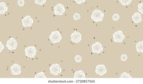 Seamless pattern with white rose illustrations on a soft beige background, ideal for wedding invitations and elegant floral designs.
