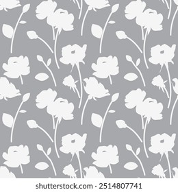 Seamless pattern with white rose and leaves silhouette on gray background. Abstract floral wallpaper. Vector illustration