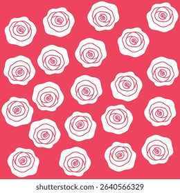 Seamless Pattern of White Rose Outlines on a Vibrant Red Background