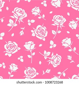 Seamless pattern with white rose silhouette on pink background. Floral wallpaper. Vector illustration.
