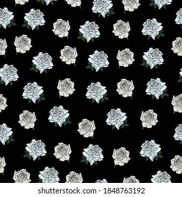 Seamless pattern of white roses, black background, cartoon style, wallpaper, gift paper, print, decoration, backdrop, decor, fabric, botanical, plant, celebratory, cloth, floristry, floral shop, cute