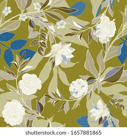 Seamless pattern with white roses and blue leaves on sage green background. Tropical flowers, lily. Vector illustration with plants. EPS 10