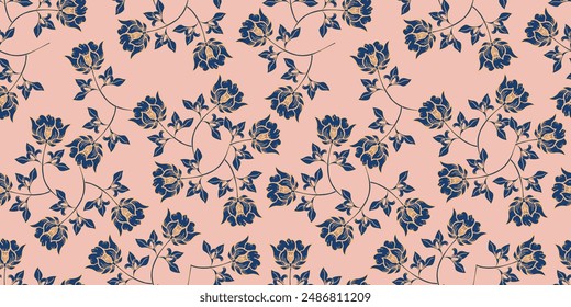 Seamless pattern with white roses and brown leaves on light background. Tropical flowers, lily. Vector illustration with plants. Gentle pastel colors