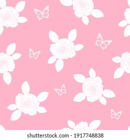 Seamless pattern of white roses and butterfly.