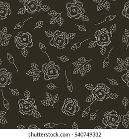 Seamless pattern with white roses contours on black background. Vector illustration.