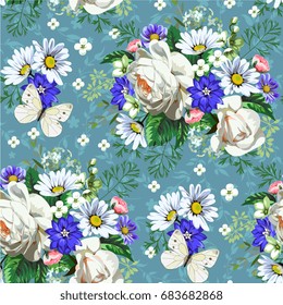 Seamless pattern with white roses and daisies 3