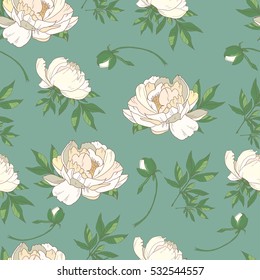 Seamless pattern with white roses. Flower background. Hand drawn flowers. Vector illustration