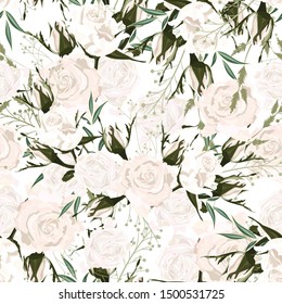 Seamless pattern with white roses flowers and eucaliptus. Hand drawn vintage background. floral pattern for wallpaper or fabric. 