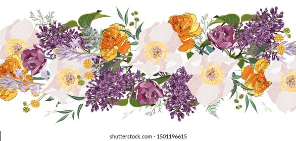 Seamless pattern with white roses flowers and eucaliptus. Hand drawn vintage background. 