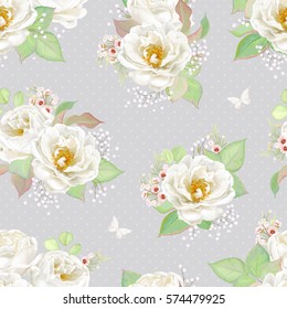 Seamless pattern with white Roses, green leaves and flying butterflies on gray background. Vector illustration in vintage style.